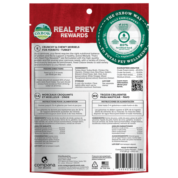 OXBOW Ferret Real Prey Rewards Crunchy and Chewy Turkey - 3 oz